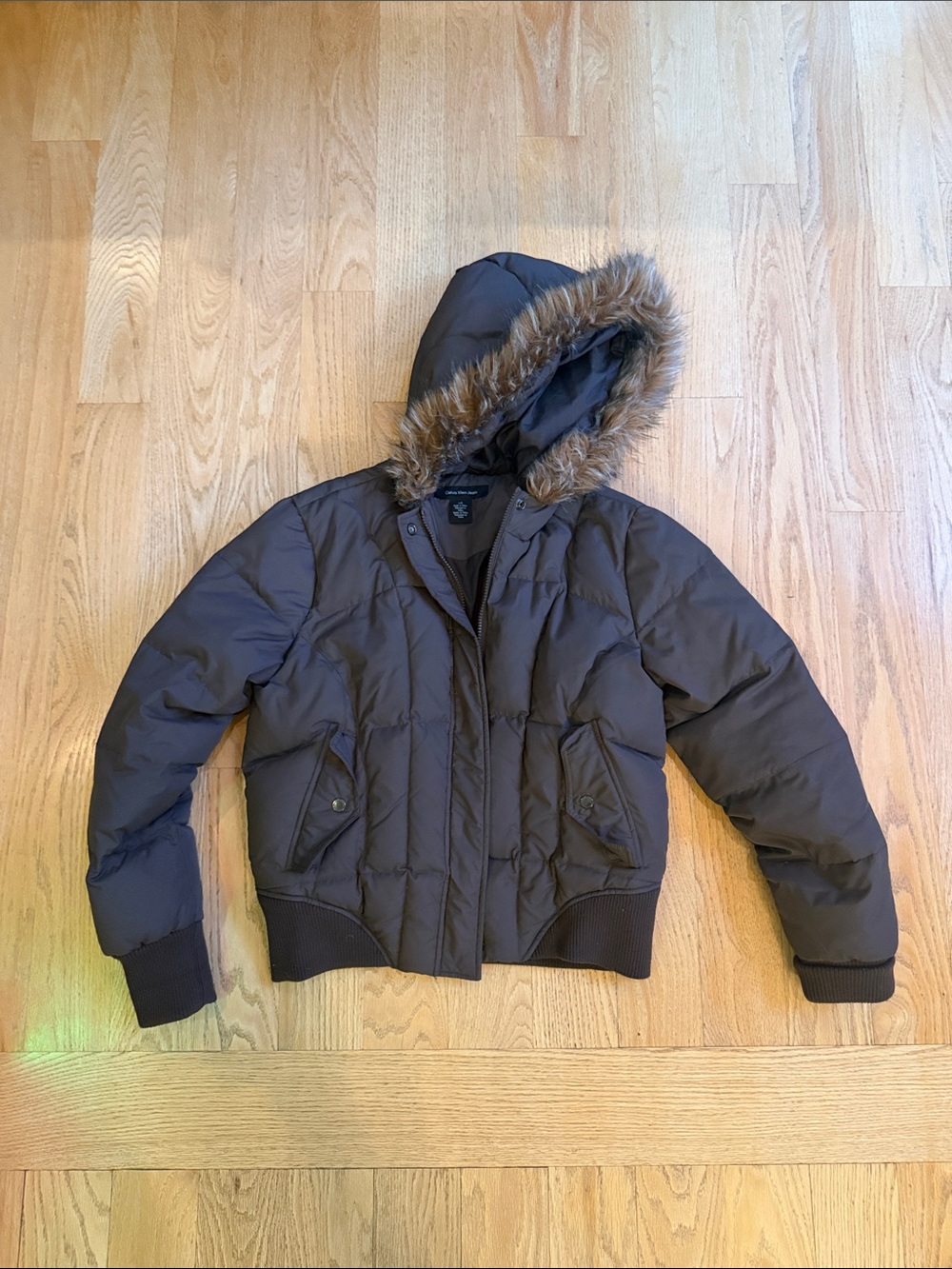 Calvin Klein Jeans Brown Hooded Puffer Jacket with Faux Fur Trim